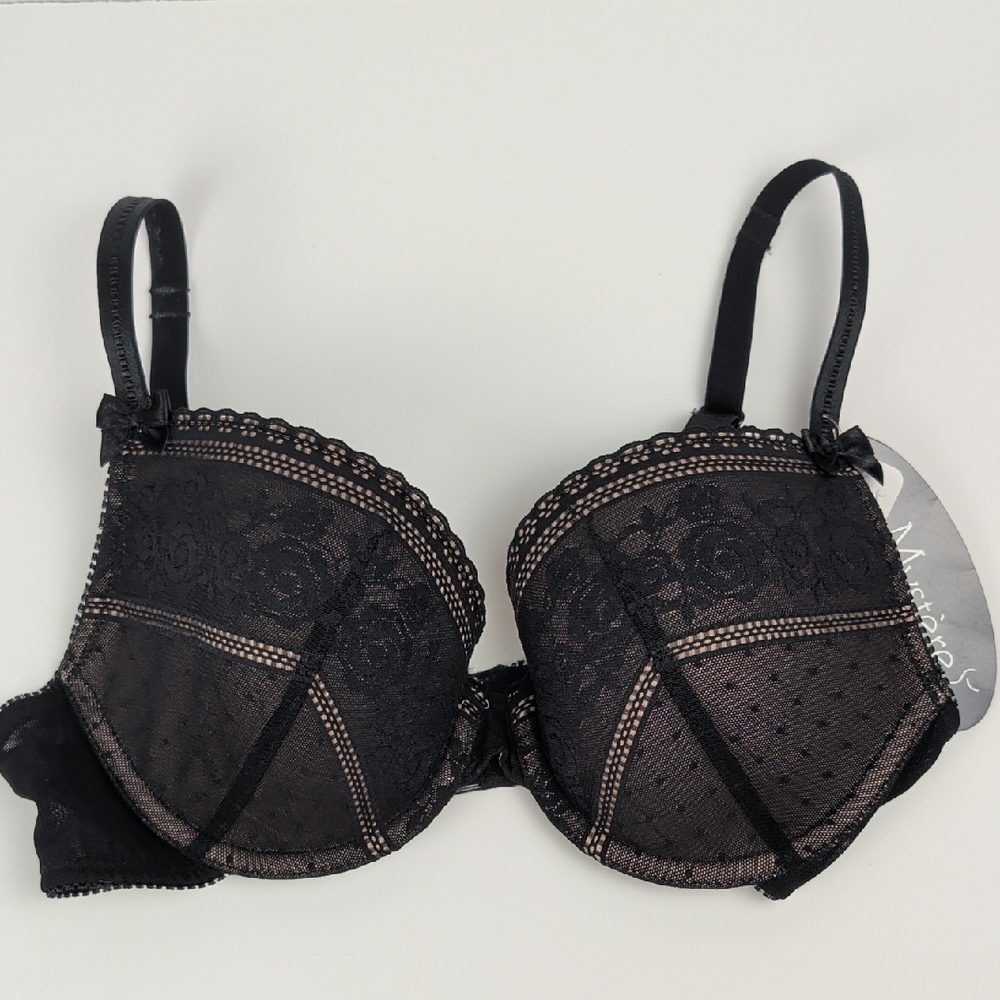 NWT Le Mystere Black/Beige Lace Pin-up Bra, Full-fit T-shirt Bra 9786 32C NEW